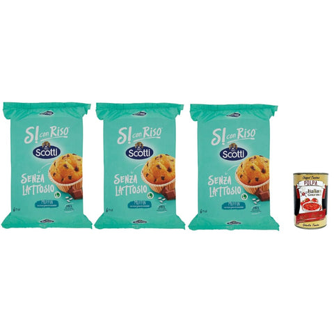 Scotti Snack Kuchen & Backwaren Scotti Si con Riso Muffin con Riso e Gocce di Cioccolato, Muffins mit Reis und Schokoladenchips, Kuchen Laktose freie Süße Snacks, Palmöl ohne, 3x 222 g italienisch Original 8001860210044