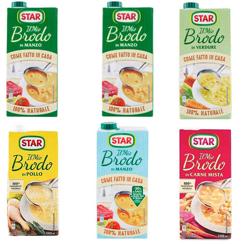 Star brodo Testpaket Manzo Pollo Carne mista Vegetale Brühe Flüssigkeit Rindfleisch an Geschmack Fertiggerichte 6x 1 Lt italienisch Original
