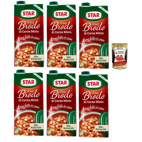 Star Brühe Star Il Mio Brodo di Carne Mista, 6x 1L, Bereit -hergestellte flüssige Brühe, 100% natürlich, ohne Konservierungsstoffe, Gluten -freie und hinzugefügte glutamatfreie Original italienisch inkl. Italian Gourmet Polpa 400g 8032804040014