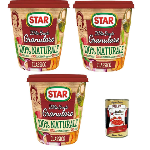 Star Brühe Star Il Mio Brodo Granulare 100% Naturale Classico, 3x 150 g, reich an Geschmack, palmölfrei, Glutamatfrei, glutenfrei. Ideal zum Würzen Ihrer Rezepte Original italienisch inkl. Italian Gourmet Polpa 400g 8032804040014