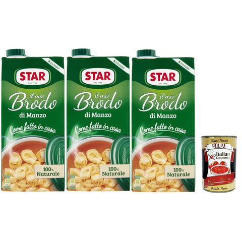 Star Brühe Star Il Mio Brodo Manzo, 3x 1L, Bereit -hergestellte flüssige Brühe, 100% natürlich, ohne Konservierungsstoffe, Gluten -freie und hinzugefügte glutamatfreie Original italienisch inkl. Italian Gourmet Polpa 400g 8032804040014