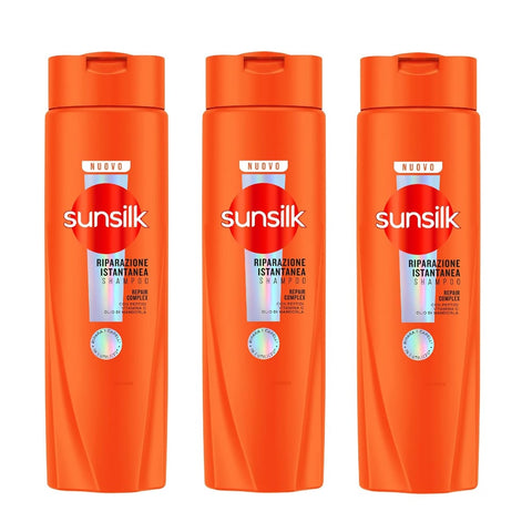 3x Sunsilk, Shampoo Riparazione Istantanea Shampoo für geschädigtes Haar, repariert das Haar bereits nach einer Anwendung*, Formel angereichert mit einem Reparaturkomplex aus Peptiden, Vitamin C und Mandelöl, 250 ml