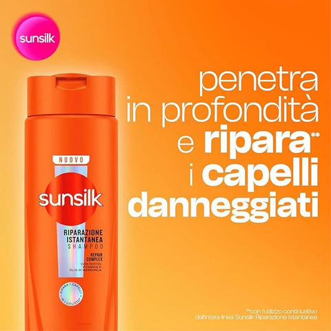 3x Sunsilk, Shampoo Riparazione Istantanea Shampoo für geschädigtes Haar, repariert das Haar bereits nach einer Anwendung*, Formel angereichert mit einem Reparaturkomplex aus Peptiden, Vitamin C und Mandelöl, 250 ml