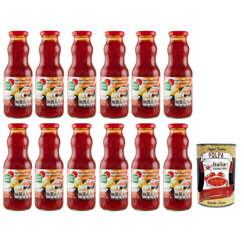 Suziwan Suzi Wan Salsa Agrodolce Piccante Scharfe süß-saure Soße Ideal für Aperitifs Glas 350 g 12x italienisch Original + kostenlos Polpa di Pomodoro 400 g Dose
