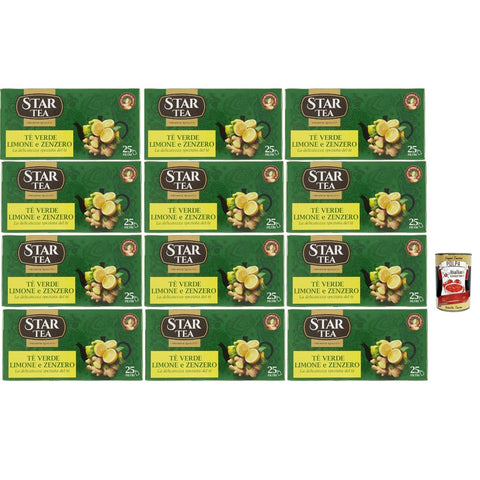 Tè STAR Kräutertee Tè STAR Grüner Tee mit Zitrone und Ingwer, Packung mit 25 Filtern, eine feine Mischung mit einem reichen und faszinierenden Geschmack 12x 42.5g inkl. Italian Gourmet polpa 400g Original italienisch 8032804040014