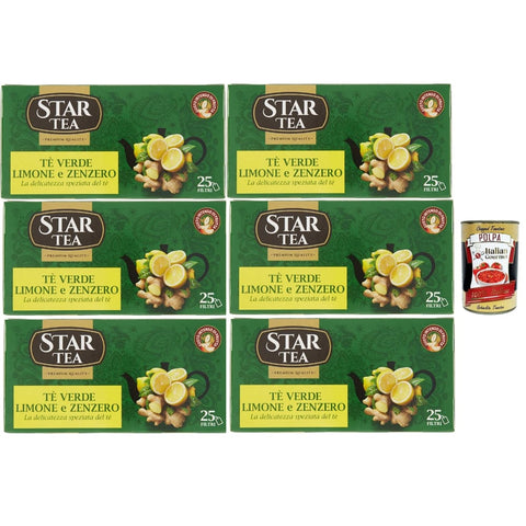 Tè STAR Kräutertee Tè STAR Grüner Tee mit Zitrone und Ingwer, Packung mit 25 Filtern, eine feine Mischung mit einem reichen und faszinierenden Geschmack, 6x 42.5g Original italienisch inkl. Italian Gourmet Polpa 400g 8032804040014