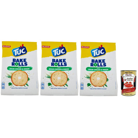 Tuc Chips Tuc Bake Rolls, Chips di Pane Sottile e Croccante gusto Sour Cream & Onion, Im Ofen gebackene, dünne und knusprige Sauerrahm und Zwiebel Brotchips 3x 150 g italienisch Original 8032804040014