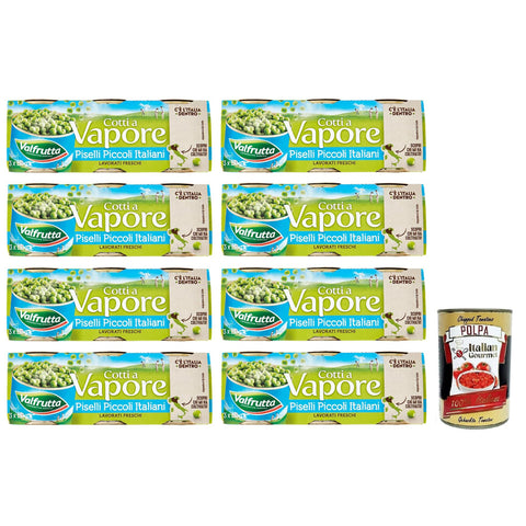 Valfrutta Piselli Piccoli Italiani Kleine italienische Erbsen Hülsenfrücht Gemüse Dampfgaren Dosen 3x150 g 8x italienisch Original Pastasauce + kostenlos Polpa di