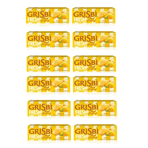 Vicenzi Knabberartikel 12x Vicenzi Grisbì Mango e Cioccolato bianco Kekse mit Mango- und weißer Schokoladencremefüllung, 112 g