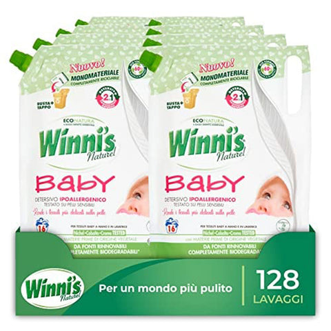 Winni's Hypoallergenes Babywaschmittel in Öko, 134 Waschgänge, mit natürlichen Fleckentfernern aus Biofermentation und pflanzlichen Rohstoffen, 800 ml x 8 Packungen italienisch Original