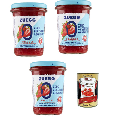 Zuegg Zero Fragole, Erdbeeren Marmelade Jam Ohne Zuckerzusatz,Frei von Konservierungsstoffen 3x 220g Glas Original italienisch inkl. Italian Gourmet Polpa di Pomodoro 400g Dose