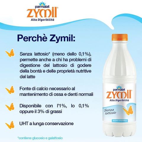 Zymil Milch Zymil Alta Digeribilita Senza lattosio Buono Digeribile in valigetta da 6 bottiglie senza lattosio 1 % Fett 6x1L italienisch Original 8002580004166