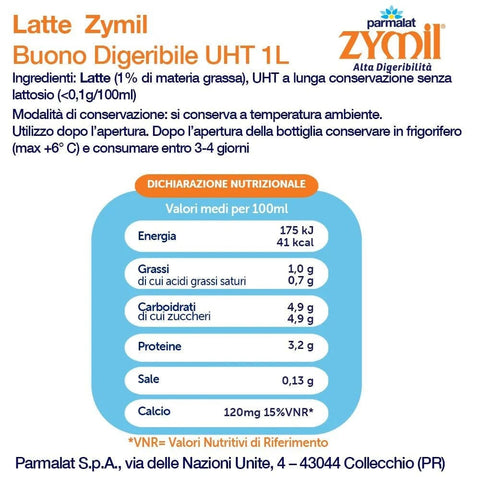 Zymil Milch Zymil Alta Digeribilita Senza lattosio Buono Digeribile in valigetta da 6 bottiglie senza lattosio 1 % Fett 6x1L italienisch Original 8002580004166